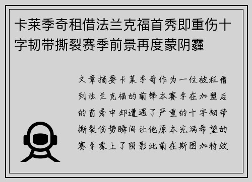 卡莱季奇租借法兰克福首秀即重伤十字韧带撕裂赛季前景再度蒙阴霾